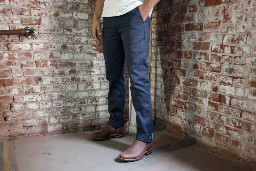 Navy Selvedge Chinos.