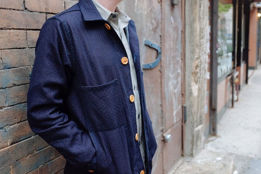 Close up view of details on sashiko work jacket.