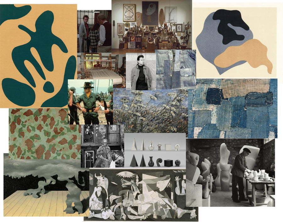 A collage of photos of surrealist art, Hans Arp shapes, people handweaving fabric on old wooden looms, camoflauge, boro fabric swatches.