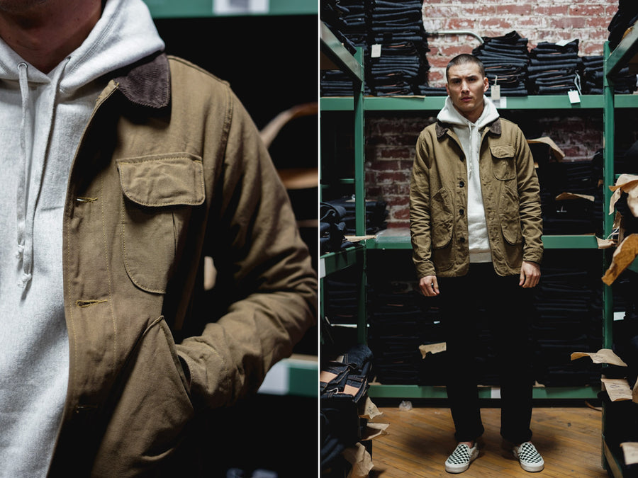 A close up and a full body shot of the 3sixteen Hunting Jacket in tan layered over a heather grey 3sixteen pullover hoody.