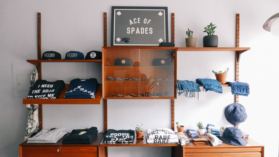 Shop display with showcasing merchandise.