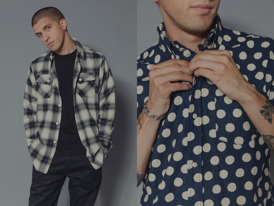 The model wears various clothing from 3sixteen's SS19 collection.