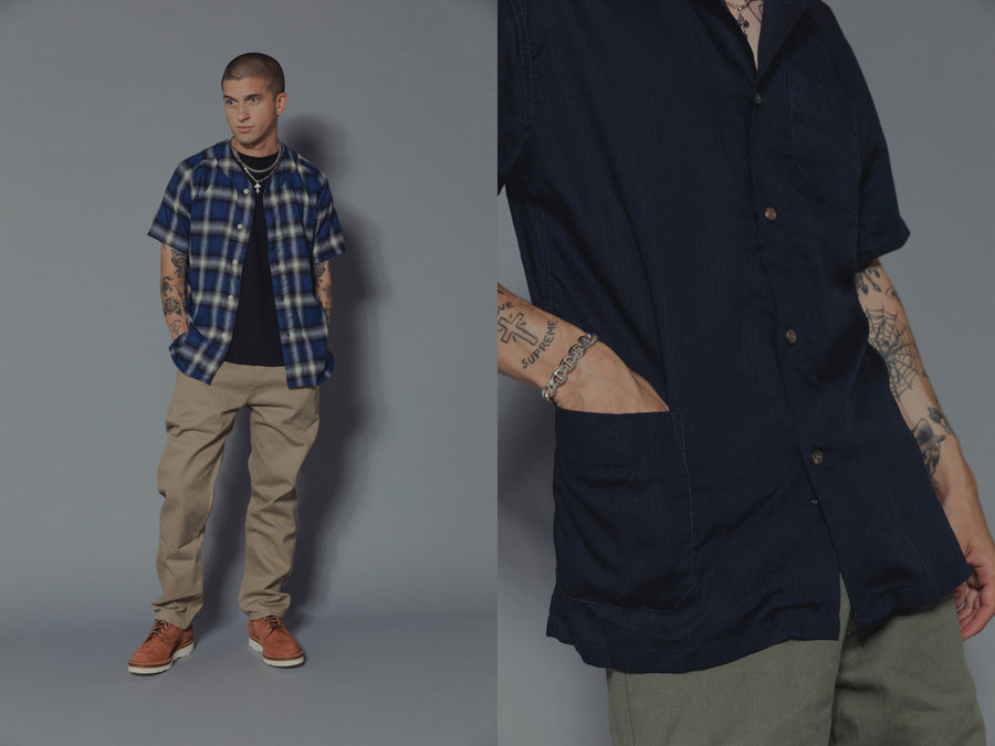 The model wears various clothing from 3sixteen's SS19 collection.