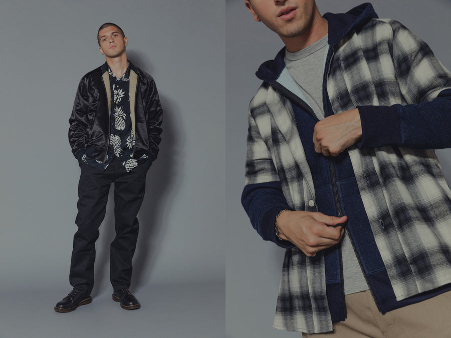 The model wears various clothing from 3sixteen's SS19 collection.