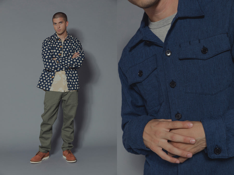 The model wears various clothing from 3sixteen's SS19 collection.