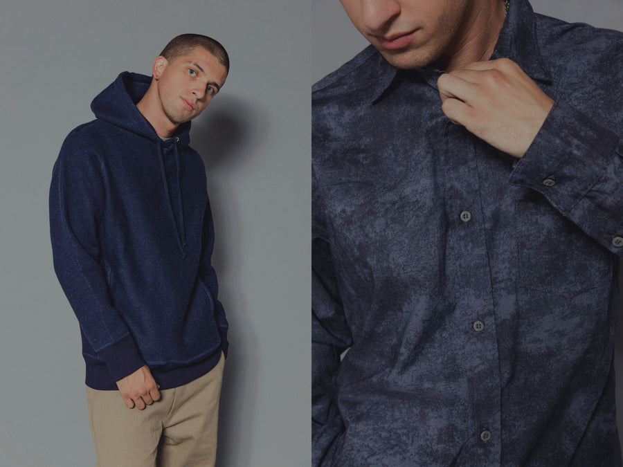 The model wears various clothing from 3sixteen's SS19 collection.