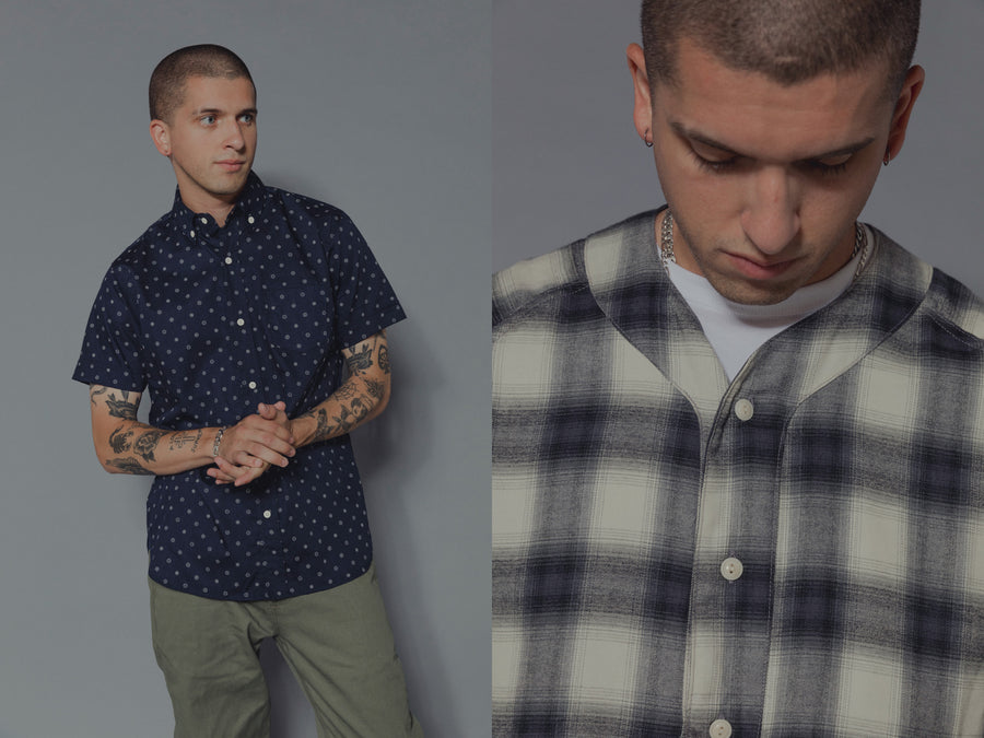 The model wears various clothing from 3sixteen's SS19 collection.