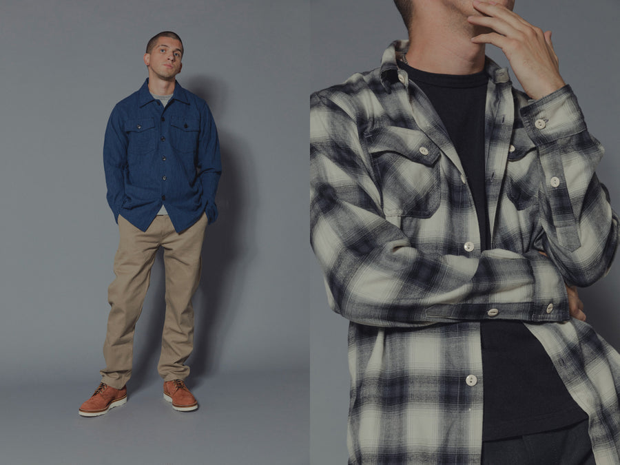 The model wears various clothing from 3sixteen's SS19 collection.