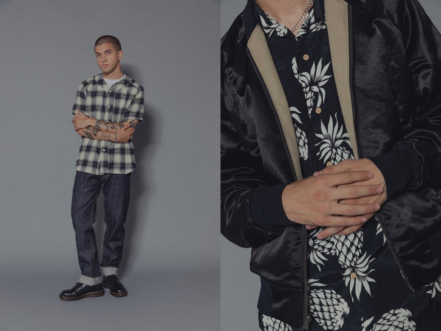 The model wears various clothing from 3sixteen's SS19 collection.