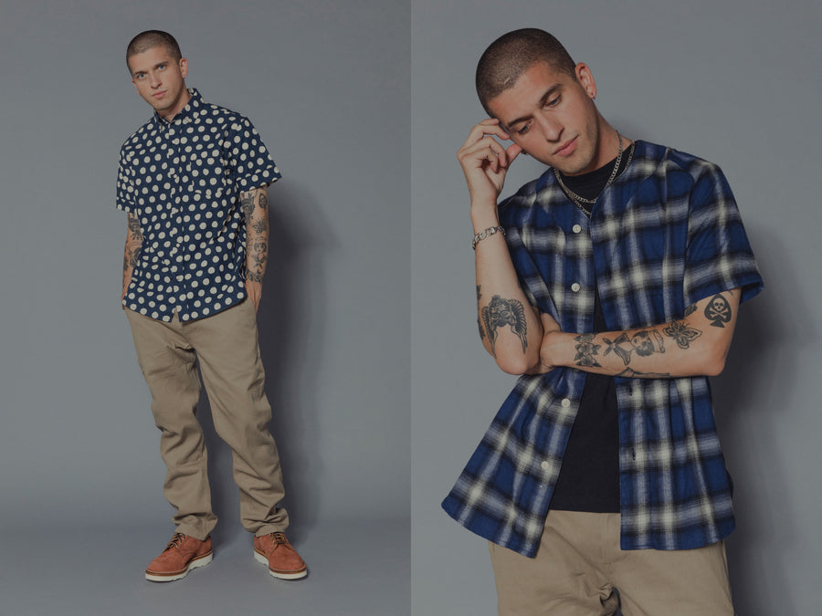 The model wears various clothing from 3sixteen's SS19 collection.