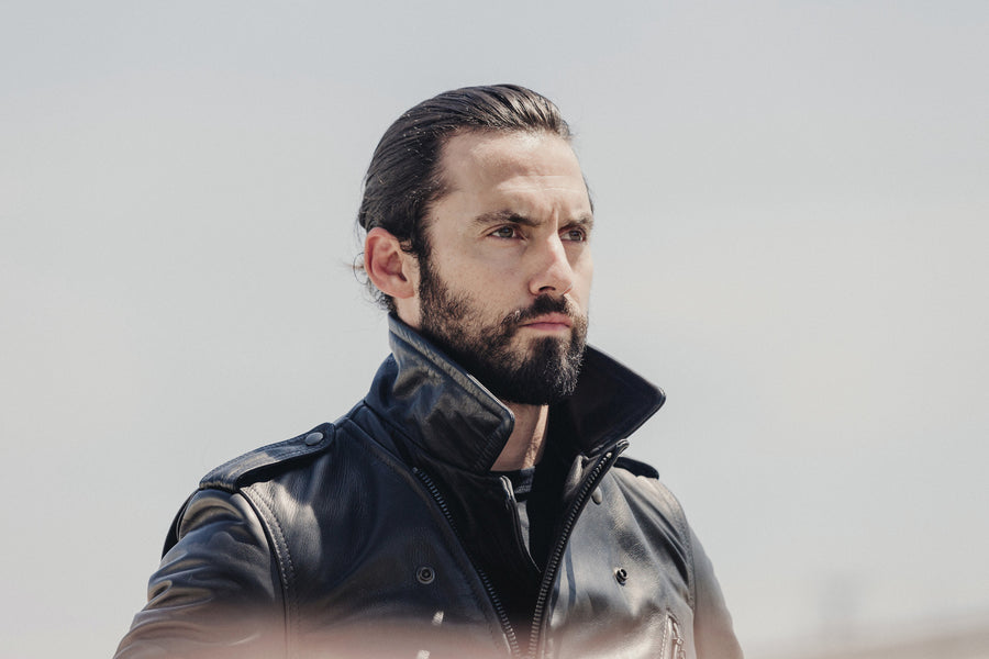 Close up view showing details on the top front of Schott jacket.