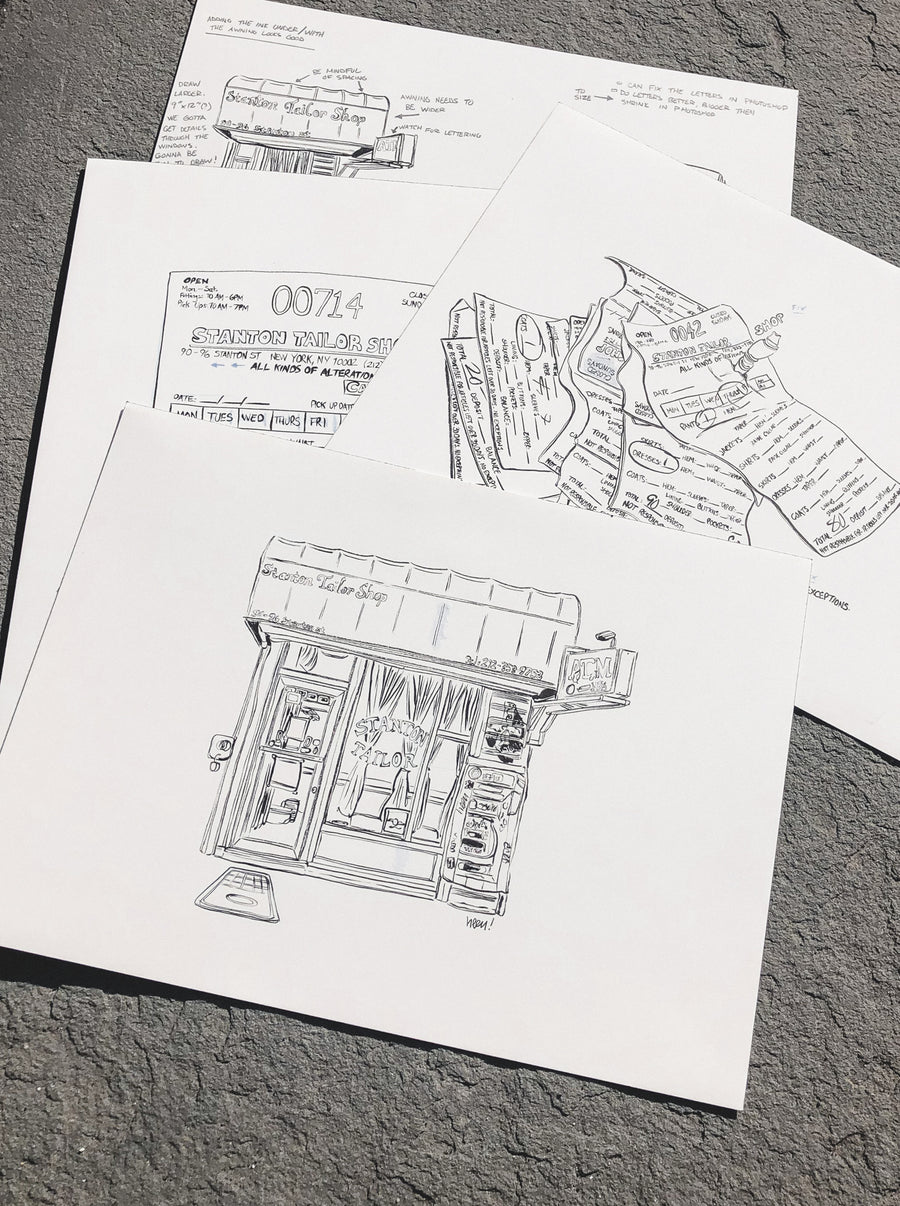 Various sketches of the storefront by Andrew Hermida.
