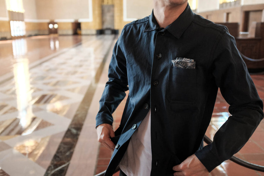 Model shown wearing the Navy work jacket.