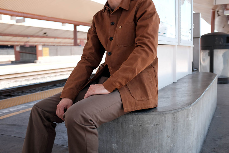Model is shown wearing the Tan work jacket.