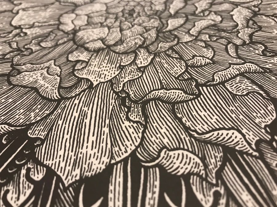 Close up view of the details of the Japanese flower illustration done by Thomas Hooper.