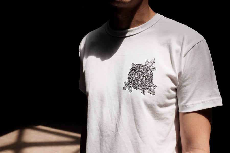 Model shown wearing the white Chrysanthemums T-shirt.