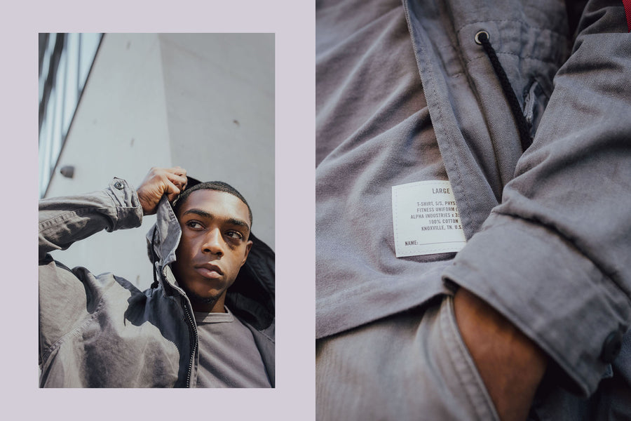 Detail shots of the jacket show the grey color and the herringbone texture.