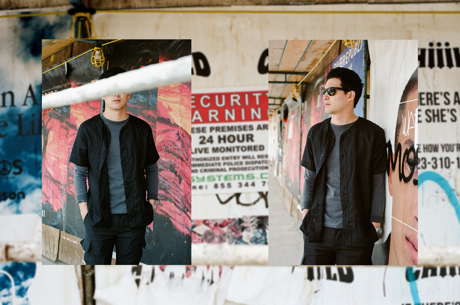 A diptych of a man in a black baseball shirt and grey long sleeve tee.