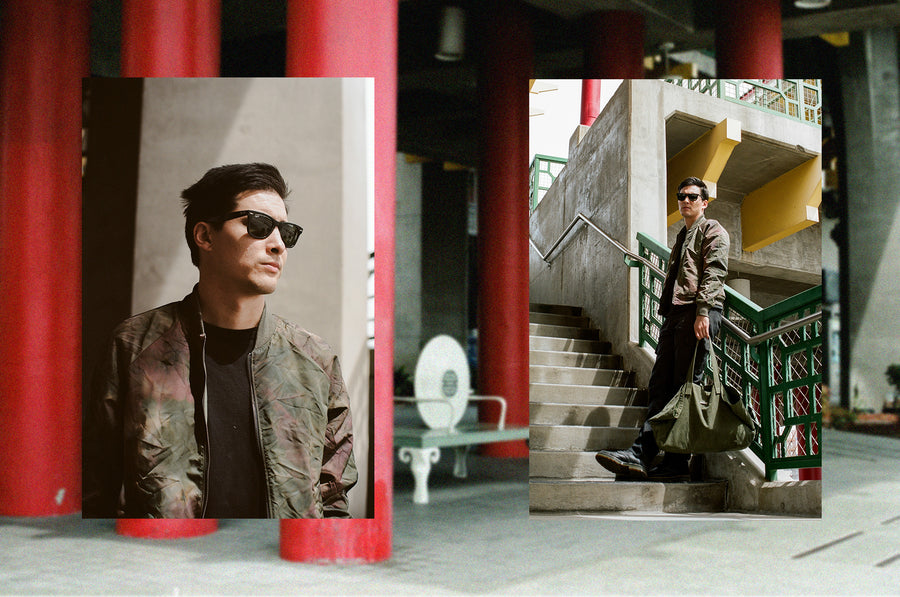 A diptych of a man in an olive bomber jacket and sunglasses.