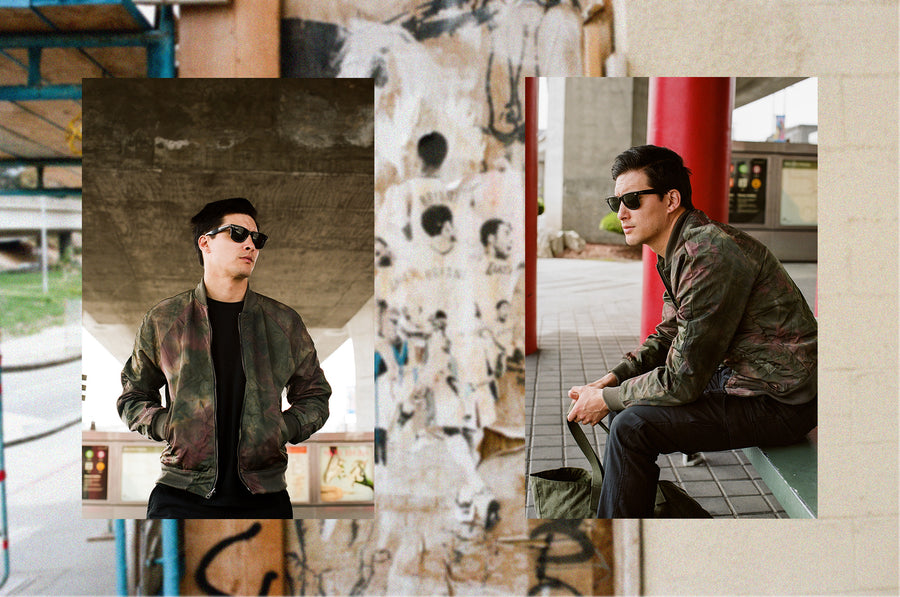 Another diptch of a man in an oliver bomber jacket.