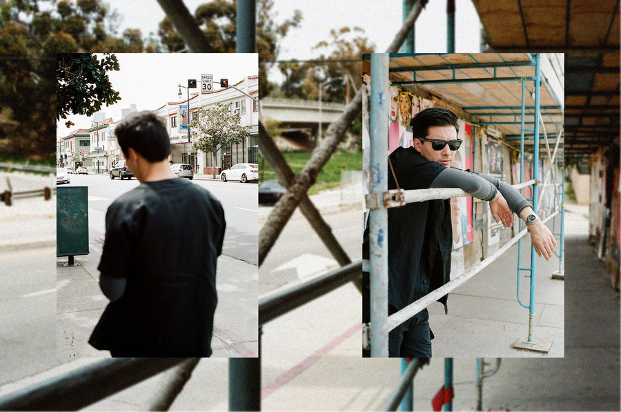A diptych of a man in a black baseball shirt and grey long sleeve tee.