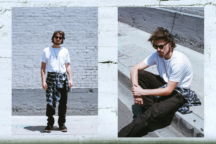 A diptych of a man in a white tee and flannel.