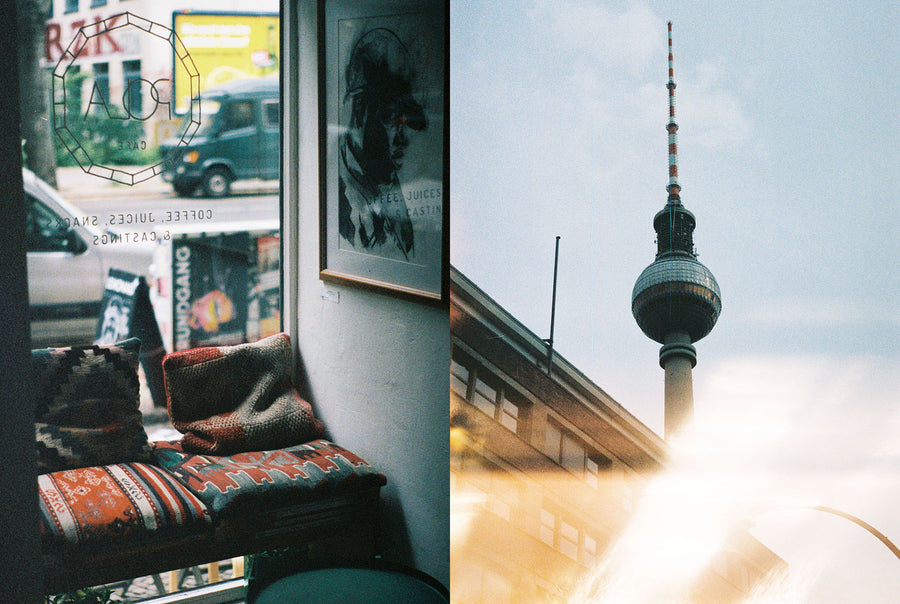 A quiet corner in a cafe, and the Berlin space needle building.