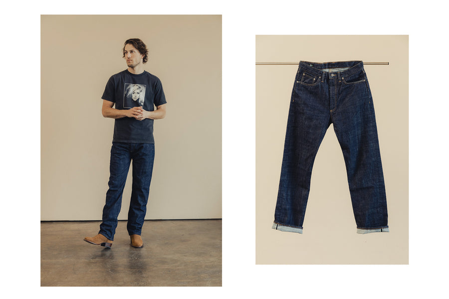 A diptych of a man in jeans and a pair of jeans hanging on a pole.