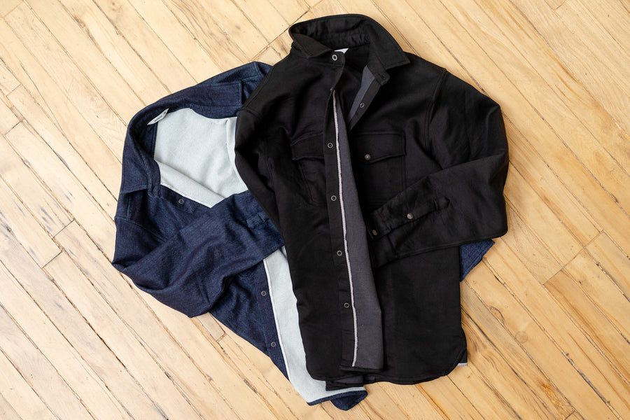 Two shirts in selvedge fleece lay on the floor.