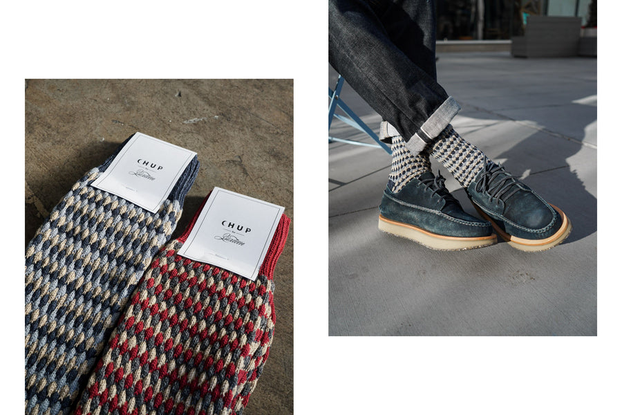 The two Chup socks lie on the ground side by side with white labels attached.