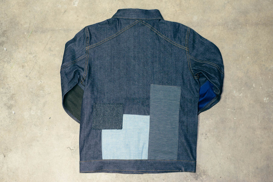 Rear view of the patchwork jacket.