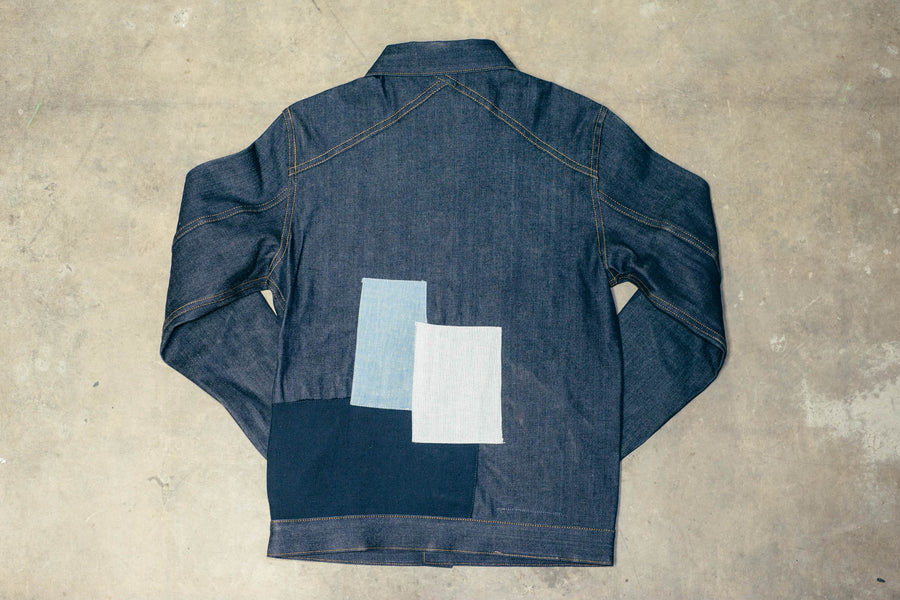 Rear view of patchwork type 3 denim jacket.