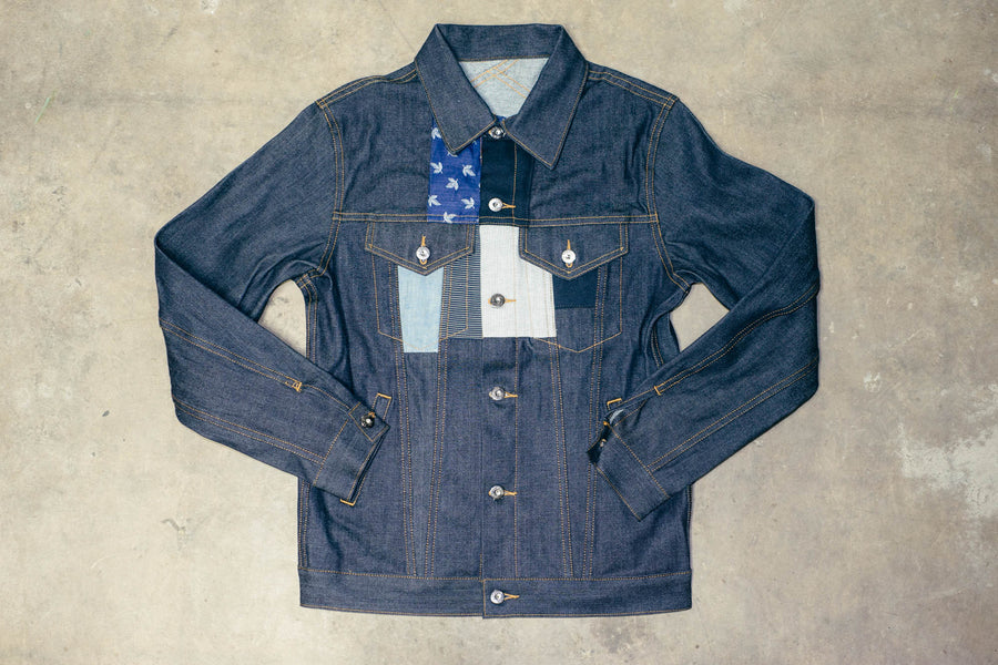 Front view of the patchwork type 3 denim jacket.