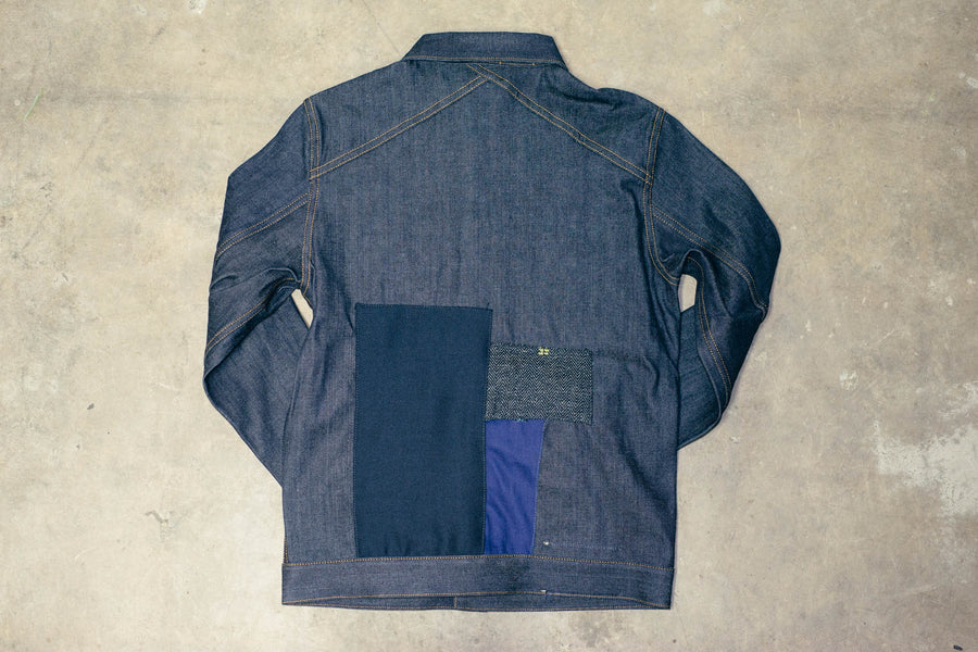 Rear view of the patchwork type 3 denim jacket.