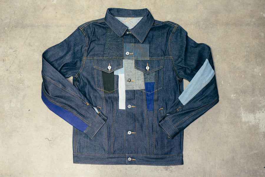 Front view of the patchwork type 3 denim jacket.