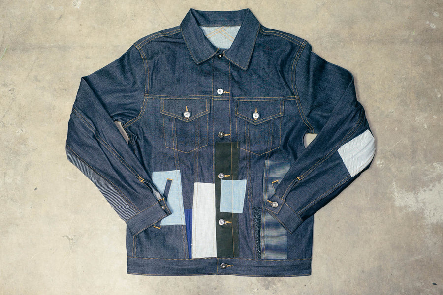 Front view of the patchwork type 3 denim jacket.