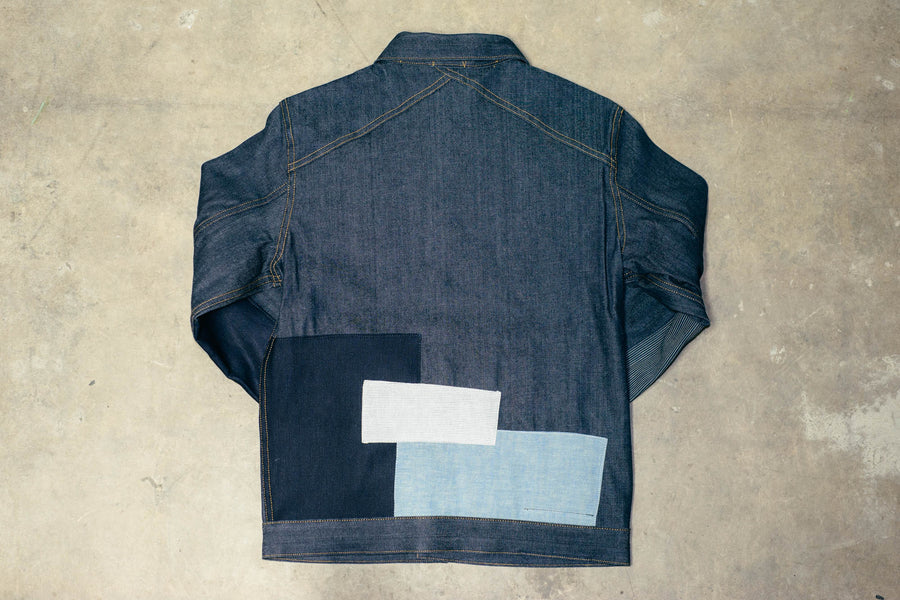 Rear view of the patchwork jacket.