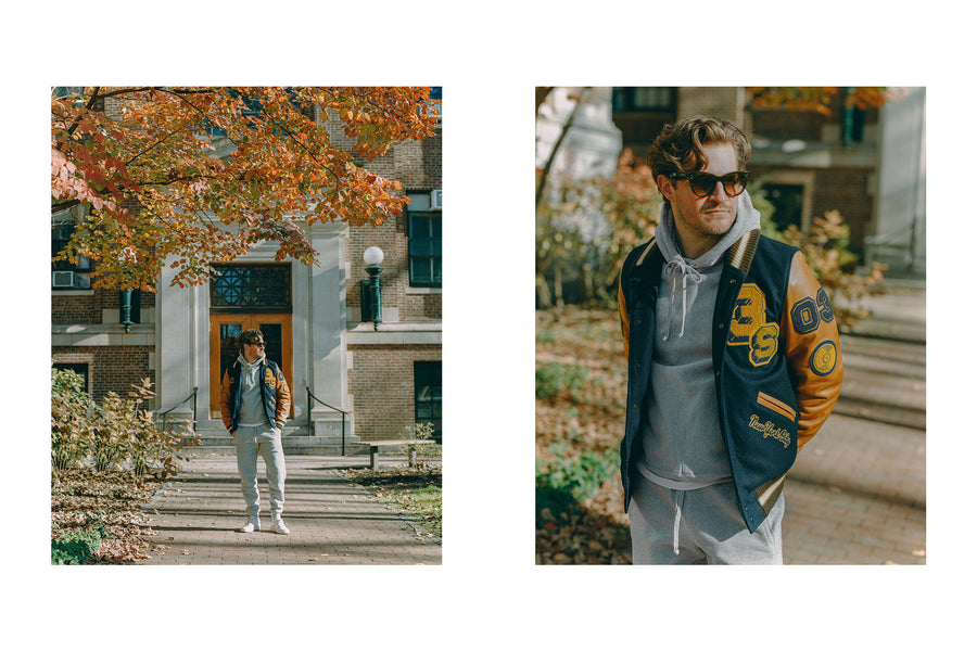 A diptych of a man in a wool navy varsity jacket.