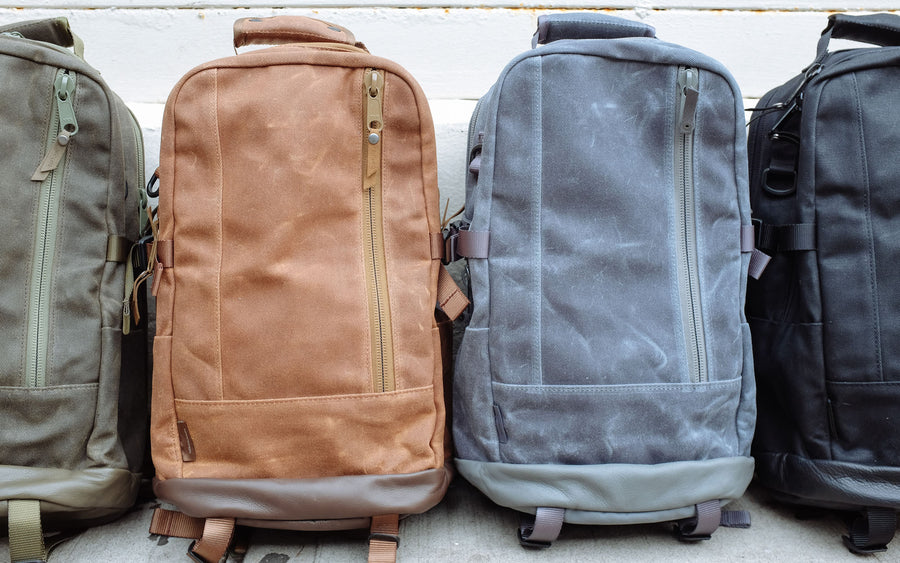 A closer look at the four backpacks in the same order.