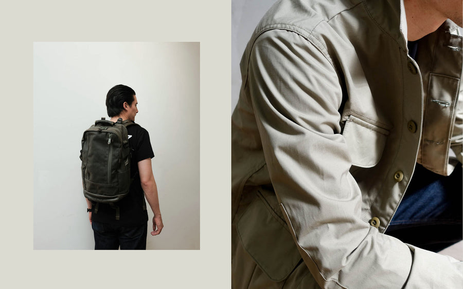 A diptych of a model wearing an olive backpack and an up-close look at the texture of the tan BDU.