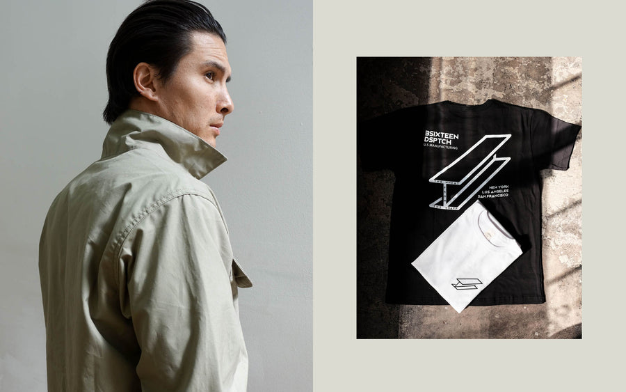 A side profile portrait of a model wearing the tan BDU; to the right, the two graphic tshirts are folded and laying on a concrete floor.