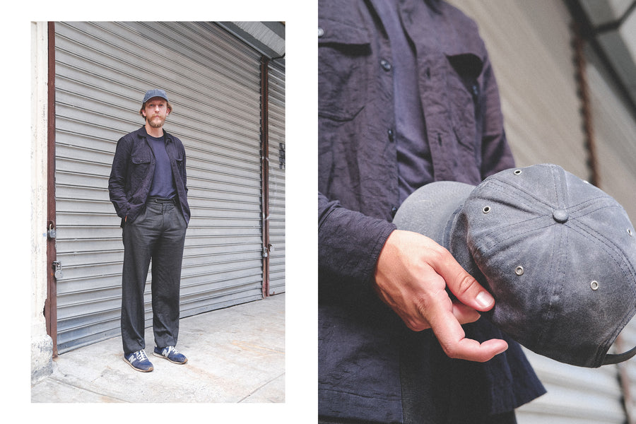 A diptych of a man in a baseball cap in front of a gate and a detail shot of the hat. 