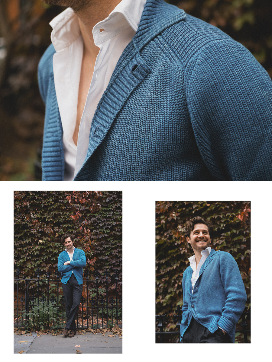 Triptych of a man in an indigo sweater standing against a wall of ivy.
