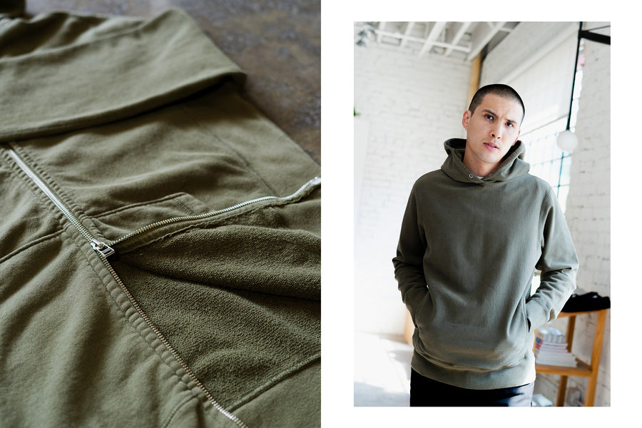 A diptych of the olive hoody both lying on the ground and on a model.