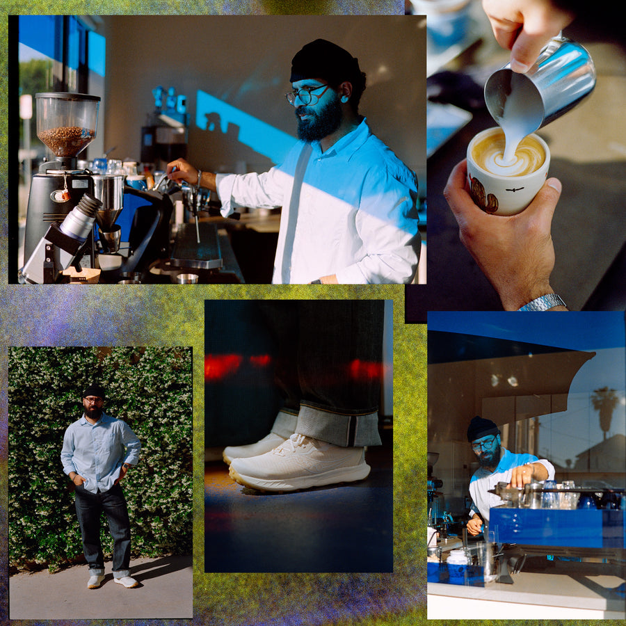 A collage of images of a barista making coffee in a blue cafe.