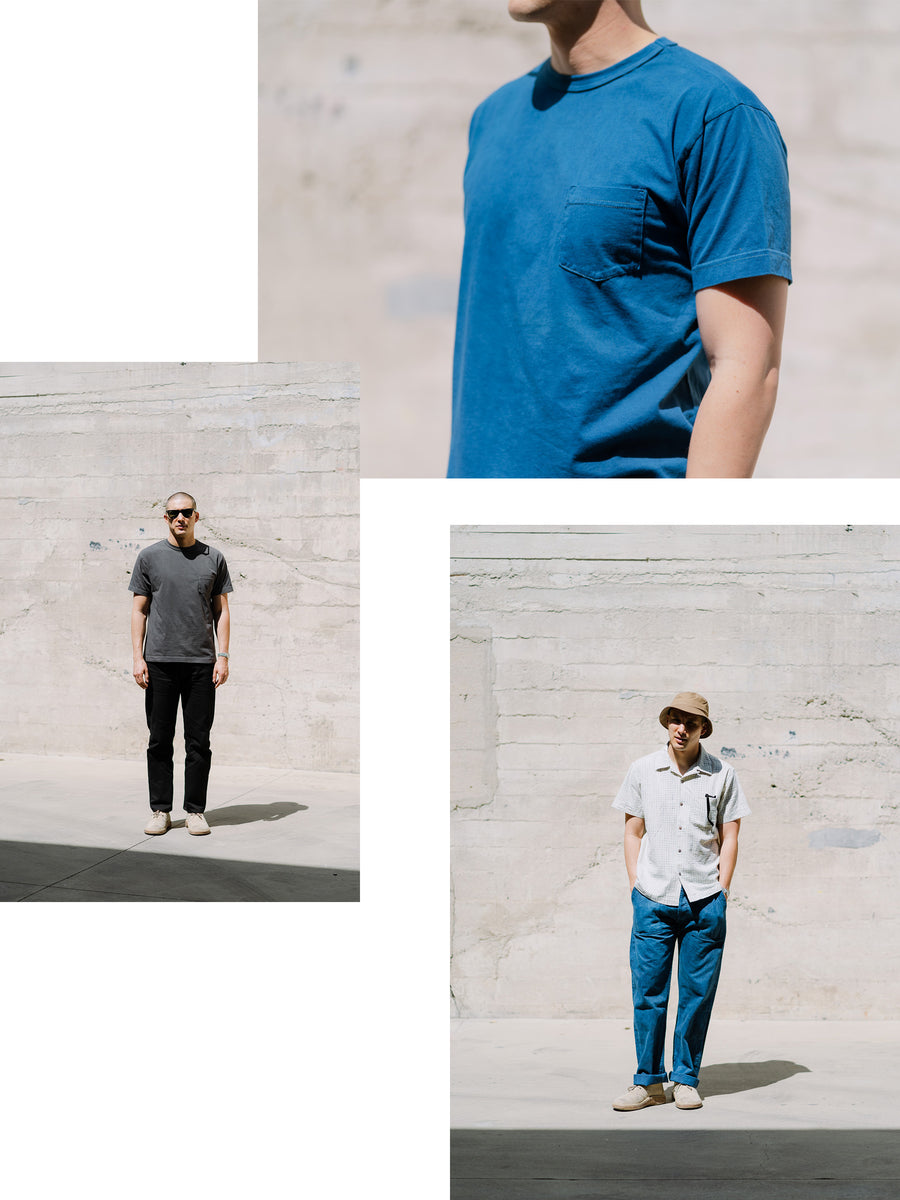 A trio of images of a man in indigo and charcoal tees.