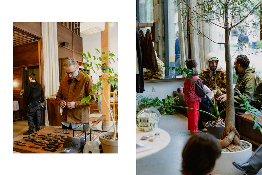 A diptych of a shopper in a brown coat looking at clothes, and some friends sitting on a bench next to a big window.