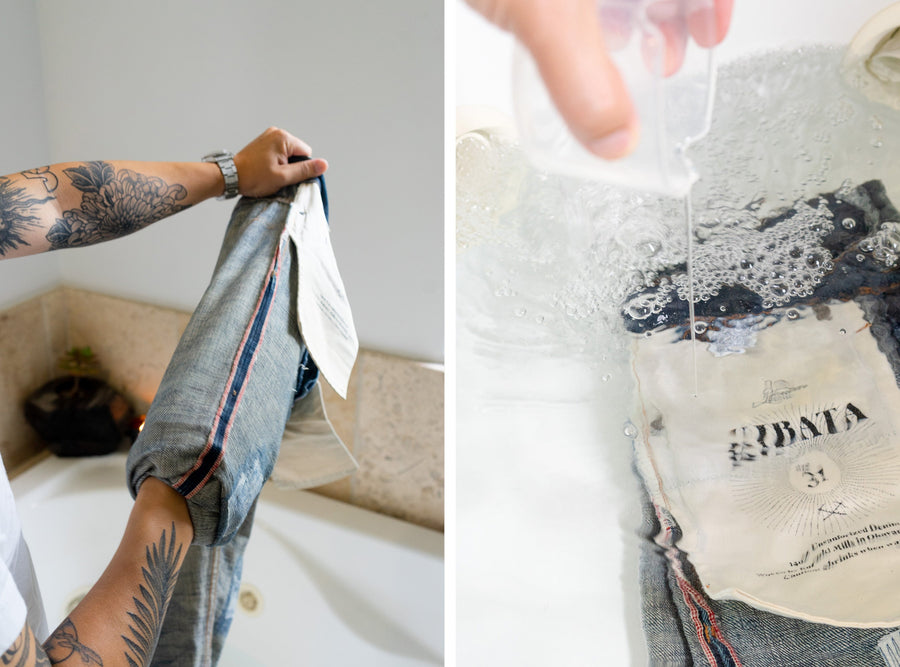 A two step photograph showing 3sixteen jeans being turned inside out, and doused in laundry detergent.