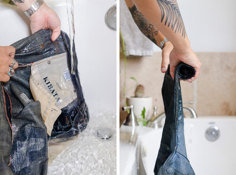 A two step photograph showing jeans being rinsed and wrung out.