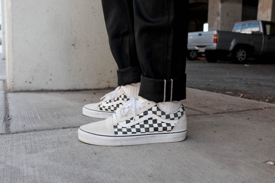 Close up shot of the selvedge id on a pair of 222x denim in double black